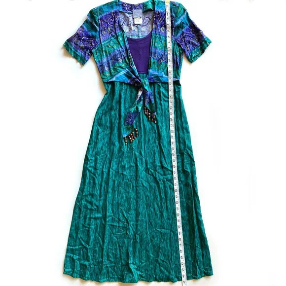 Vintage Rabbit Designs Dress Size 2P Made In USA Shoulder Pads Maxi Dress Green - Picture 5 of 9